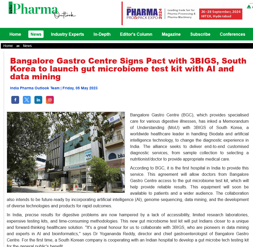 Bangalore Gastro Centre Signs Pact with 3BIGS South Korea to launch gut microbiome test kit with AI and data mining India Pharma Outlook.png